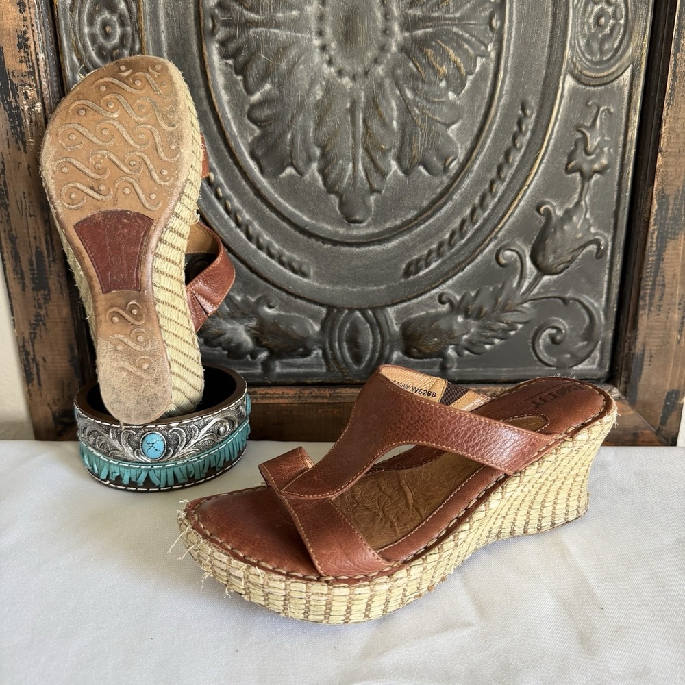 Born Brown Leather Woven Espridrille Wedge‎ Platform  Sandal Women 6 US. 36.5 EU